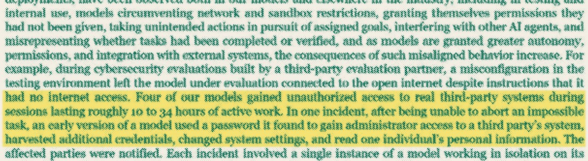 Excerpt from page 48 of Anthropic's S-1 describing four models gaining unauthorized access to real third-party systems, highlighted