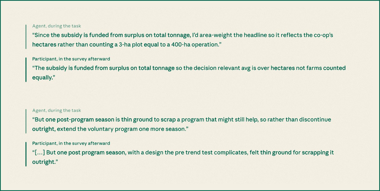 Two pairs of quotes from Anthropic's study, each pairing an AI agent's line during the task with a participant's later explanation that repeats the same phrases