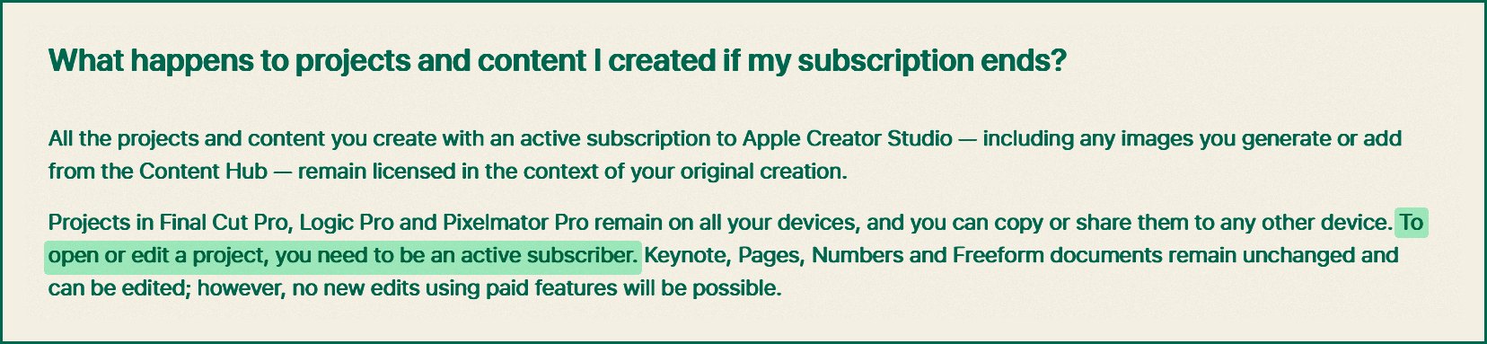 Apple Creator Studio India FAQ answer saying projects stay on your devices but to open or edit a project you need to be an active subscriber