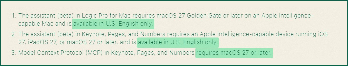 Apple Newsroom footnotes saying the Logic Pro and iWork assistants are available in U.S. English only and MCP requires macOS 27