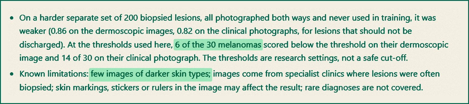 The CNN model page's notes on the 200-lesion test and its known limitations, including few images of darker skin types