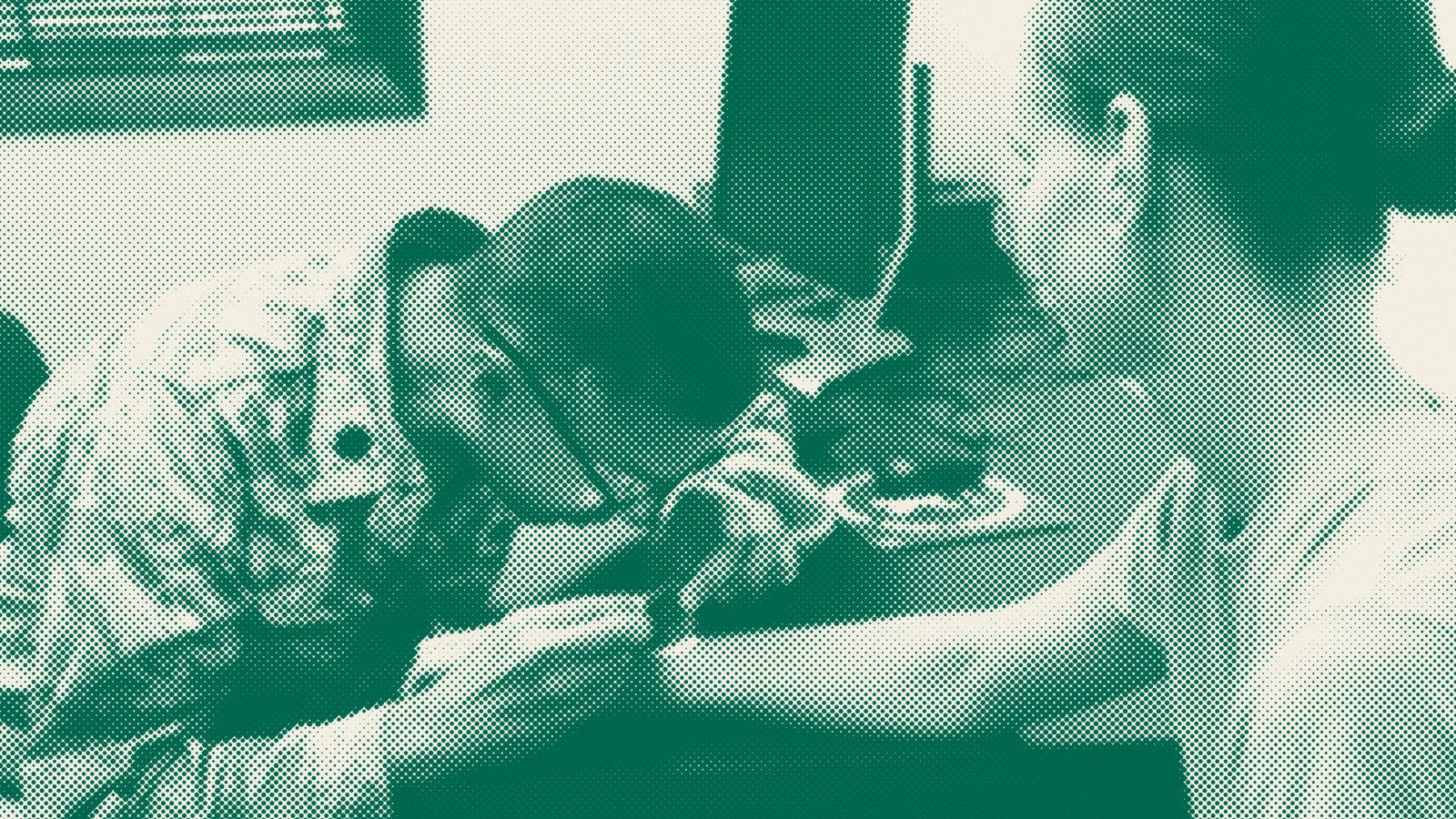Halftone photo of a dermatologist checking a spot on a patient's arm with a dermatoscope