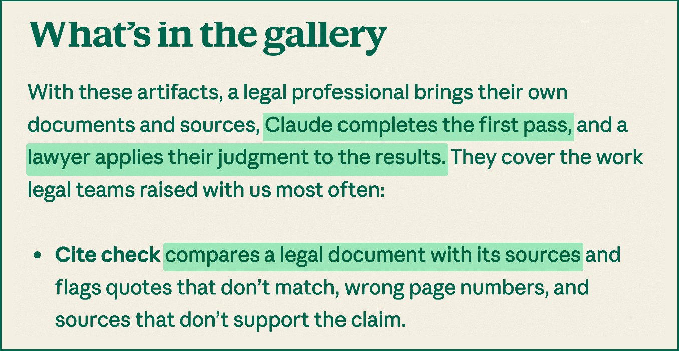 Anthropic's announcement saying Claude completes the first pass, a lawyer applies their judgment, and cite check compares a legal document with its sources