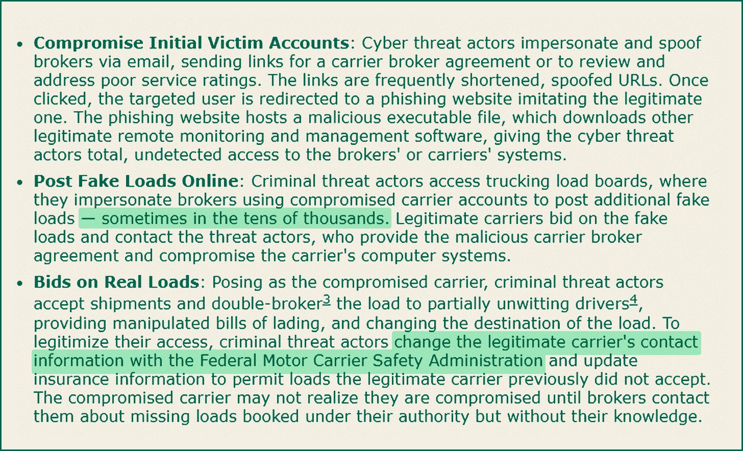 FBI IC3 public service announcement describing how cyber threat actors compromise broker accounts, post fake loads and change carrier contact information with the FMCSA