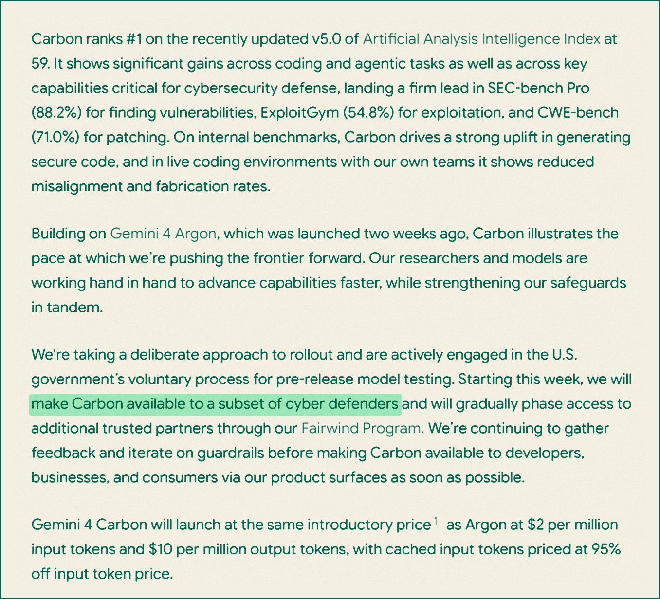 Google's Gemini 4 Carbon announcement saying Carbon goes first to a subset of cyber defenders and then to trusted partners through the Fairwind Program