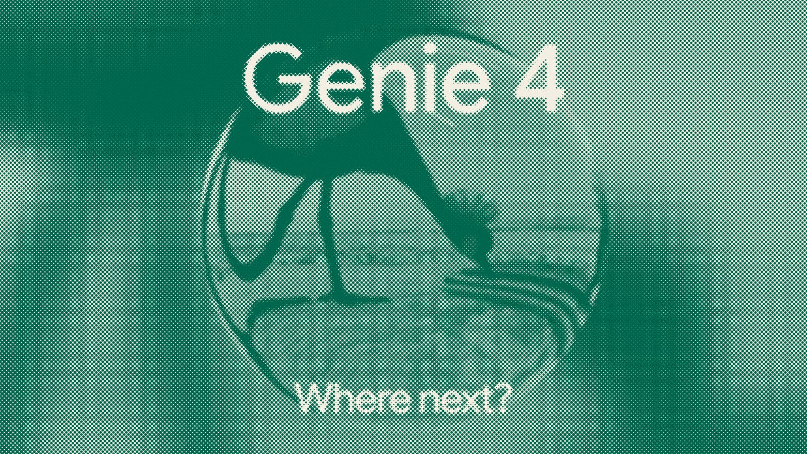 Halftone frame from Google DeepMind's Genie 4 announcement video, a globe of generated worlds with the words Genie 4 and Where next