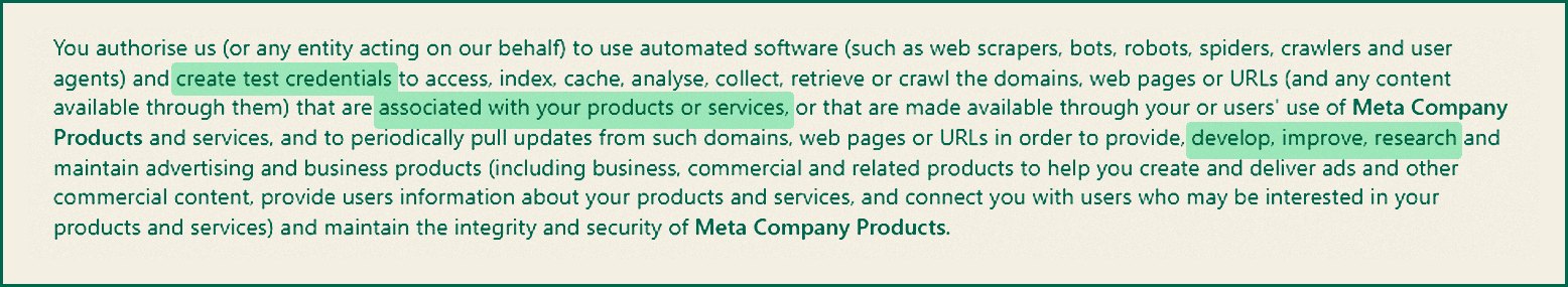 Meta Commercial Terms preview, India-English edition, showing the paragraph that lets Meta use web scrapers and create test credentials to crawl websites associated with a business
