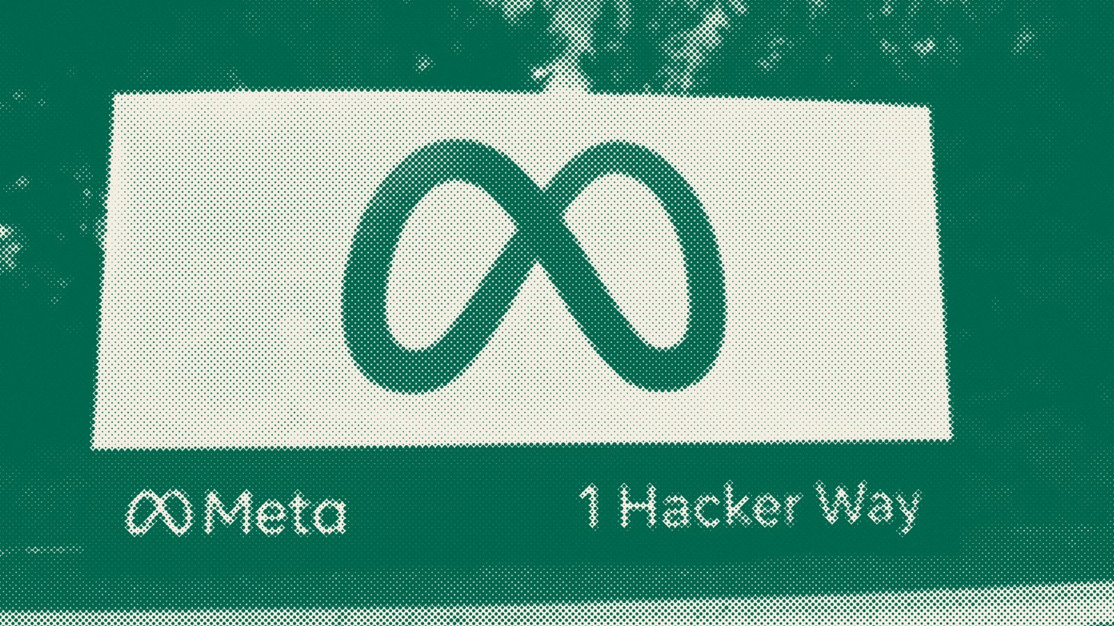 Halftone photo of the entrance sign at Meta's headquarters in Menlo Park, California