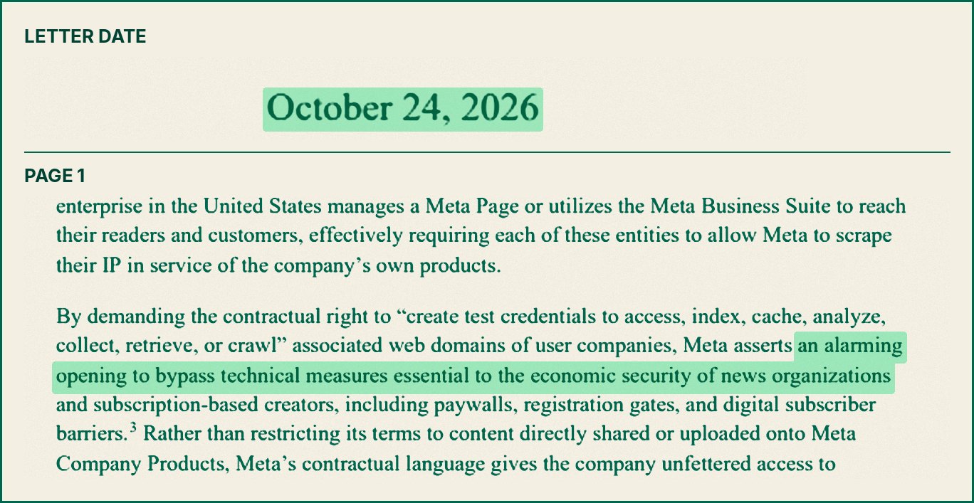 Senator Adam Schiff's letter to Mark Zuckerberg dated 24 October 2026, saying the right to create test credentials is an alarming opening to bypass paywalls and other technical measures