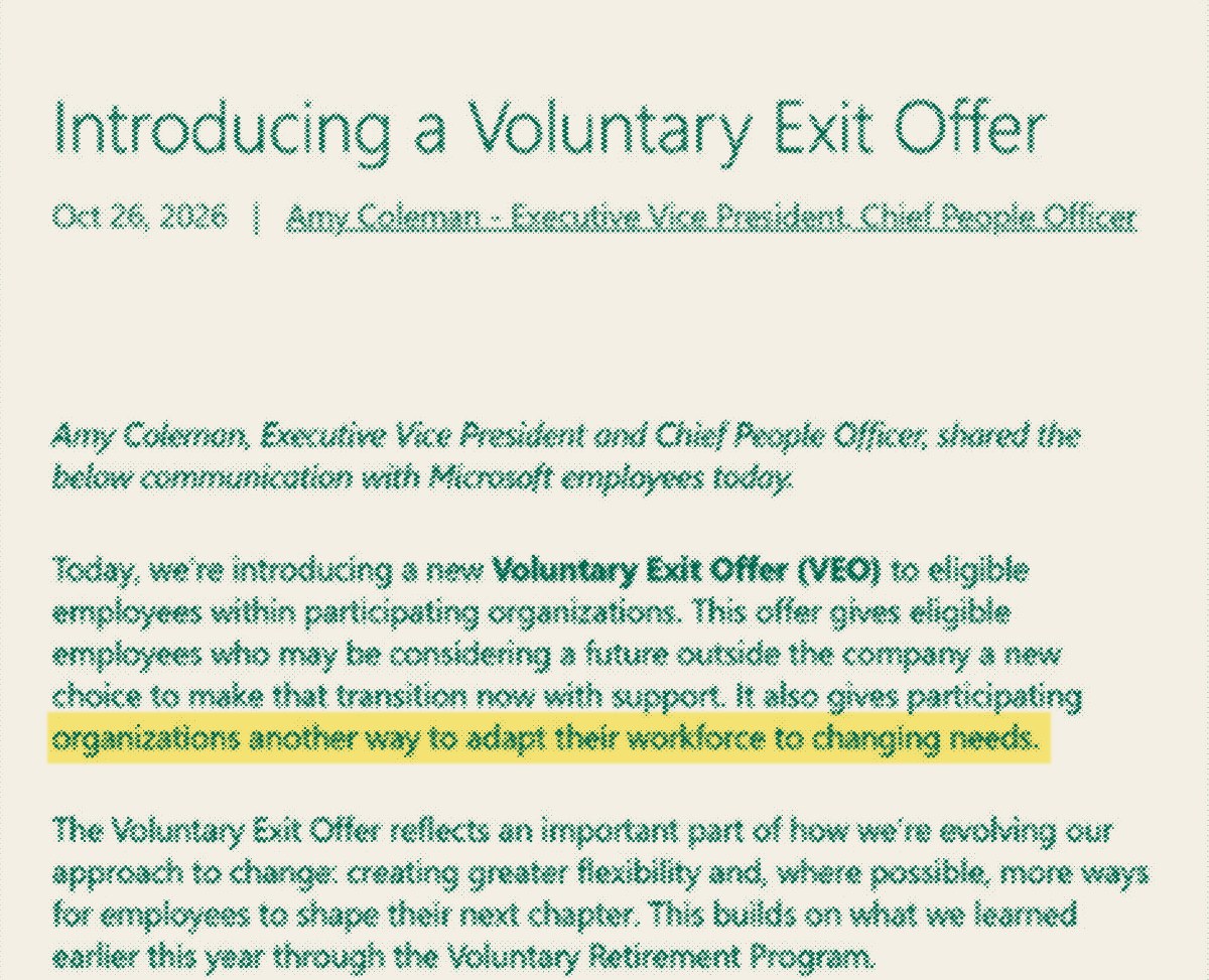 Microsoft's Voluntary Exit Offer memo by Amy Coleman, with the line about adapting the workforce to changing needs highlighted
