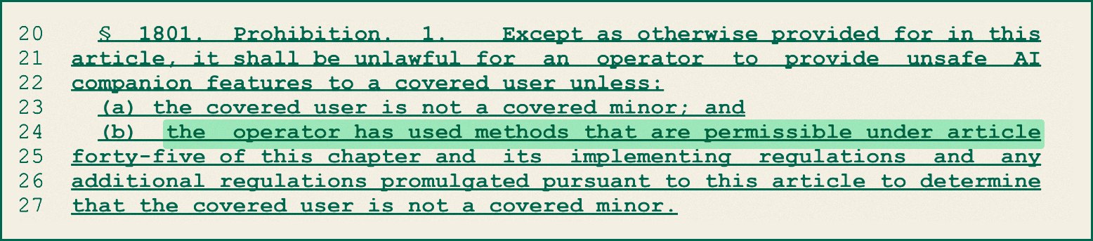 Section 1801 of S9051-B, the prohibition, which allows unsafe features only after the operator has used approved methods to determine the user is not a minor