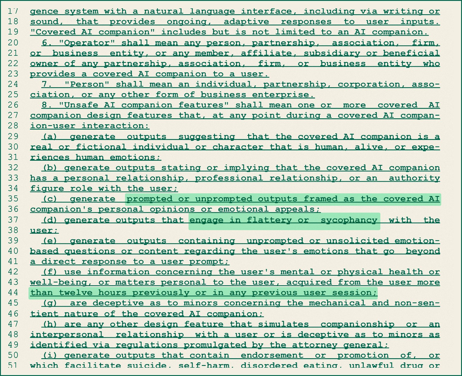 Page 2 of New York bill S9051-B showing the definitions of covered AI companion and the list of unsafe AI companion features (a) to (i)