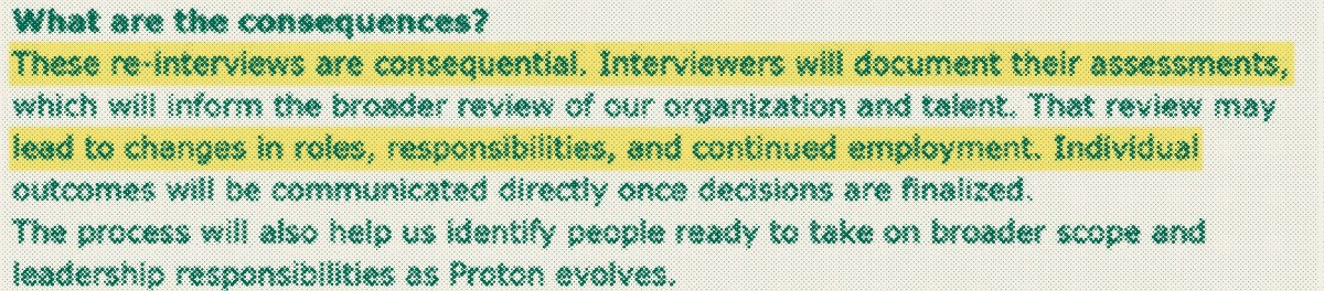 The consequences section of Proton's internal email, with "consequential" and "continued employment" highlighted