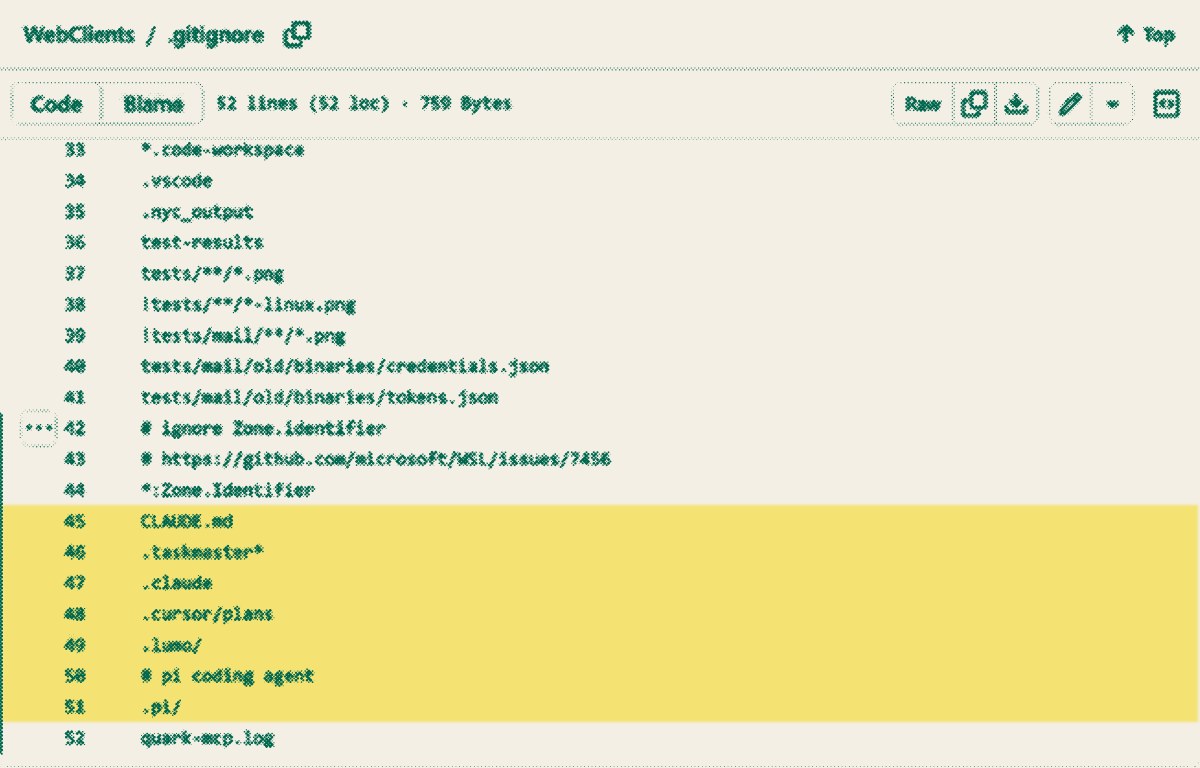 Proton's WebClients .gitignore on GitHub, lines 45 to 51 highlighted, showing CLAUDE.md, .claude, .cursor/plans, .taskmaster, .lumo and a pi coding agent