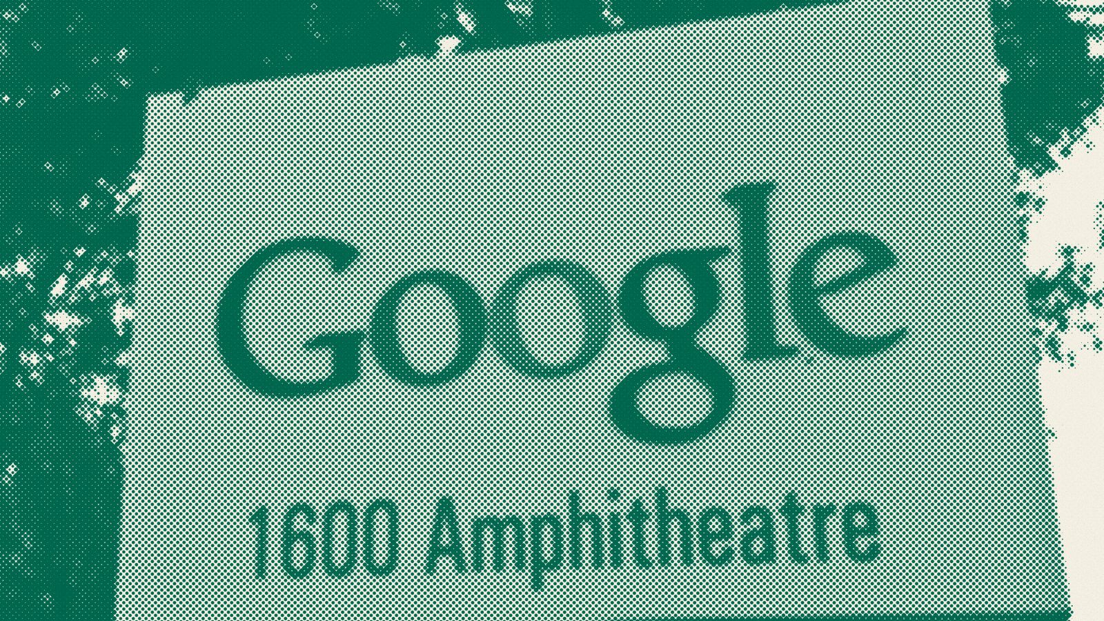 Halftone photo of the Google sign at 1600 Amphitheatre Parkway, the company's headquarters in Mountain View