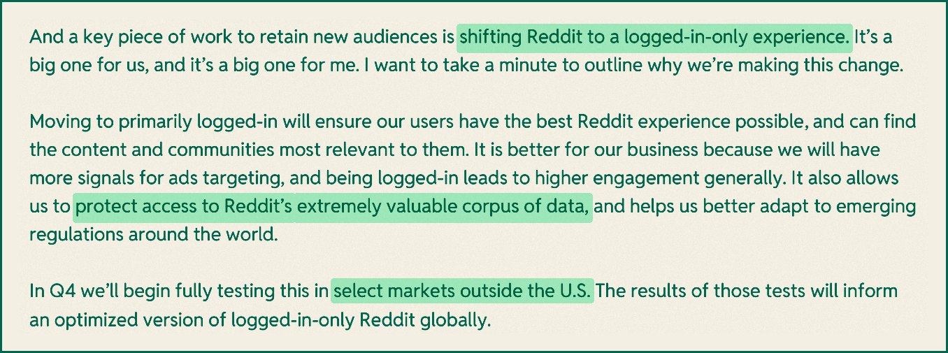 Reddit's third-quarter 2026 letter to shareholders, saying Reddit is shifting to a logged-in-only experience, will protect access to its data, and will test in select markets outside the US